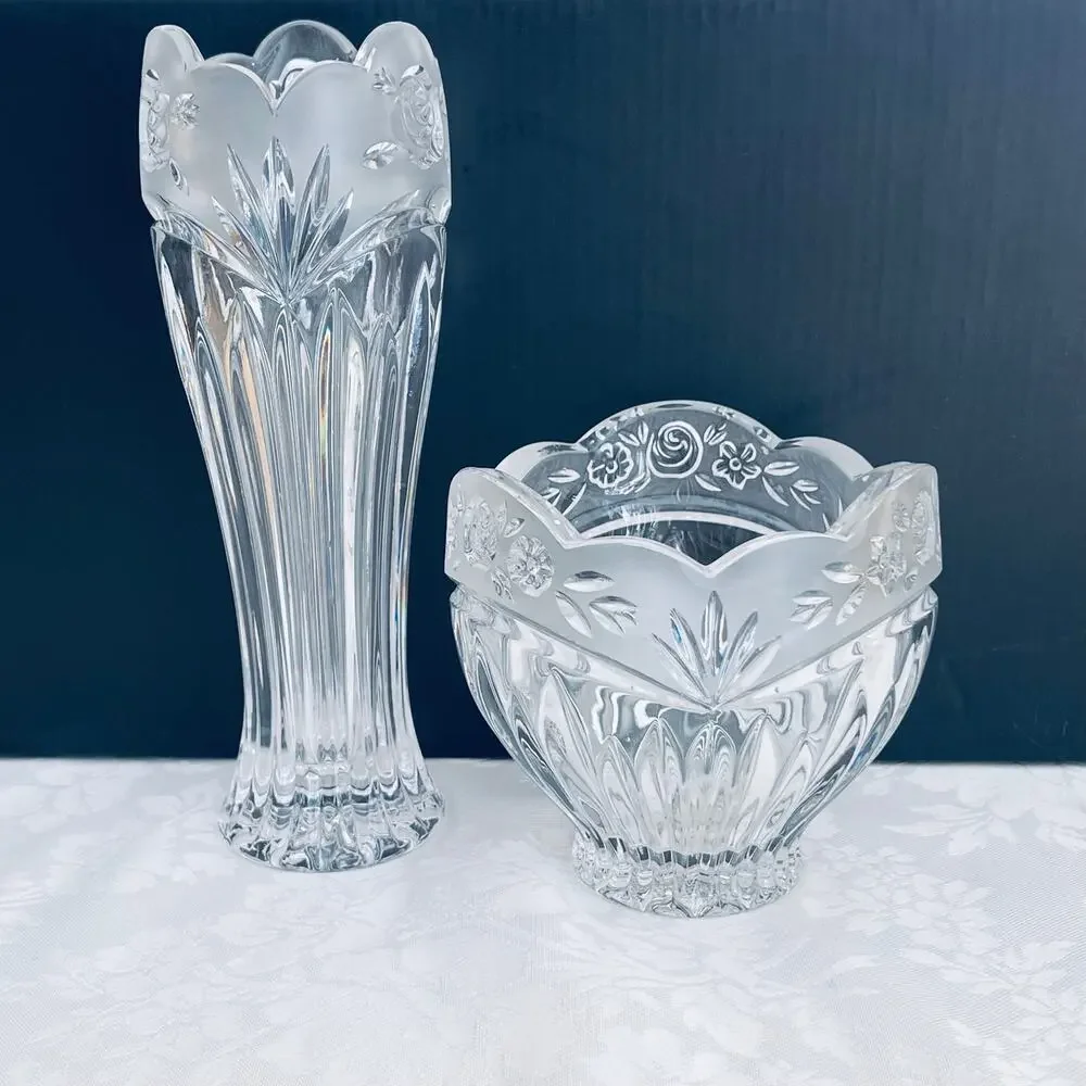 Vtg Oneida Crystal Southern Gardens Bud Vase Candy Dish Bowl Germany Floral Moti